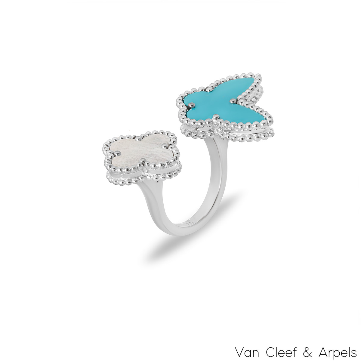 Van Cleef & Arpels White Gold Turquoise & Mother of Pearl Lucky Alhambra Between The Finger Ring
